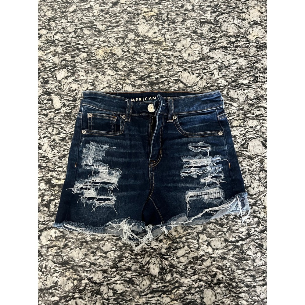 American Eagle Next Level Stretch Distressed Denim Shorts Dark‎ Wash Womens 0